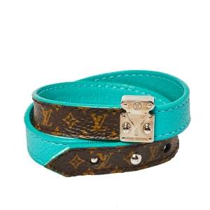 مملوكة مسبقًا Louis Vuitton Turquoise Leather & Brown Monogram Canvas Lockit Double Wrap Bracelet