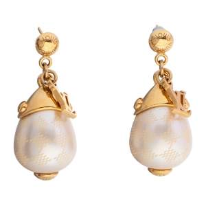 مملوكة مسبقًا Louis Vuitton Gold Tone Damier Perle Drop Earrings