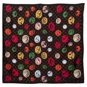 Pre Owned Louis Vuitton X Fornasetti Brown Monogram Silk Cameo Square Scarf
