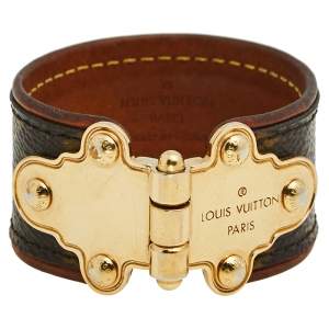 Louis Vuitton Save It Brown Monogram Canvas Gold Tone Wide Cuff Bracelet 