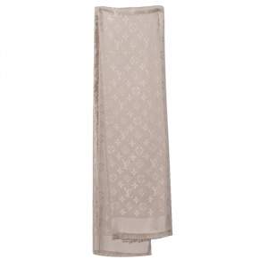 Pre Owned Louis Vuitton Grey Monogram Silk & Wool Fringed Shawl 