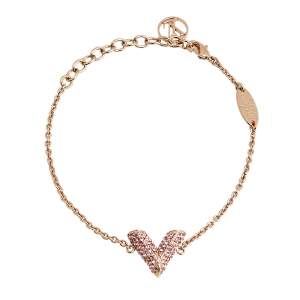 Pre Owned Louis Vuitton Essential V Pink Crystal Rose Gold Tone Chain Link Bracelet