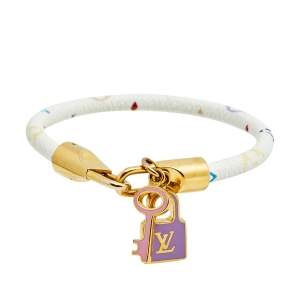 Pre Owned Louis Vuitton White Monogram Leather  Luck It Multicolor Enamel and Gold Tone Metal Charm Bracelet