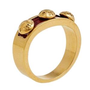 Pre Owned Louis Vuitton Gimme A Clue Red Leather Inlay Gold Tone Ring Size 57