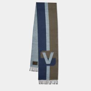 Pre Owned Louis Vuitton Blue & Brown Intarsia Logo Cashmere Wool Scarf