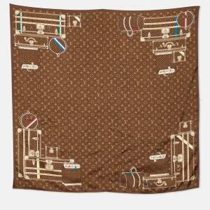 Pre Owned Louis Vuitton Brown Trunks Monogram Silk Scarf