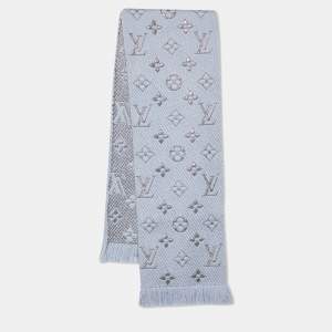 Louis Vuitton Blue Wool Silk Logomania Shine Scarf