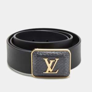 Louis Vuitton Navy Blue Leather and Snakeskin Logo Buckle Belt 80CM