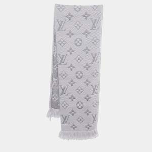 Pre Owned Louis Vuitton Pearl Grey Wool Silk Logomania Scarf