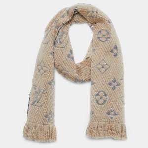 Louis Vuitton Beige Wool & Silk Fringed Logomania Scarf
