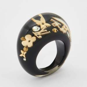 Pre Owned Louis Vuitton Black Resin Gold Tone Monogram Inclusion Ring Size 56