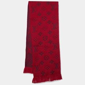 Pre Owned Louis Vuitton Red Wool & Silk Logomania Scarf