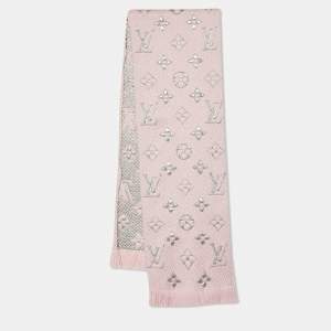 Pre Owned Louis Vuitton Light Pink Lurex Silk & Wool Logomania Fringed Scarf