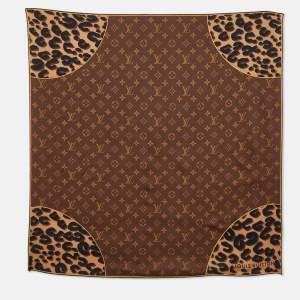Pre Owned Louis Vuitton Brown Monogram Leopard Print Square Silk Scarf