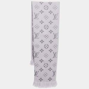 Louis Vuitton Pearl Grey Wool Logomania Shine Scarf