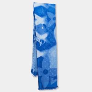 Pre Owned Louis Vuitton Blue X-Ray Chale Monogram Silk & Wool Shawl