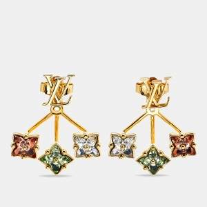 Pre Owned Louis Vuitton Loulougram Crystals Gold Tone Earrings