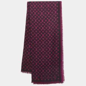 Pre Owned Louis Vuitton Black & Pink So Monogram Wool & Silk  Scarf