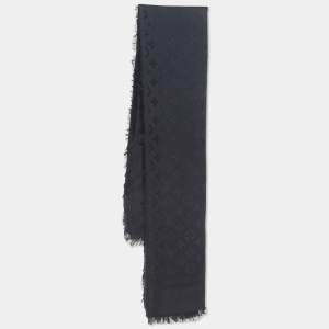 Pre Owned Louis Vuitton Black Monogram Silk and Wool Fringed Large Sqaure Shawl 