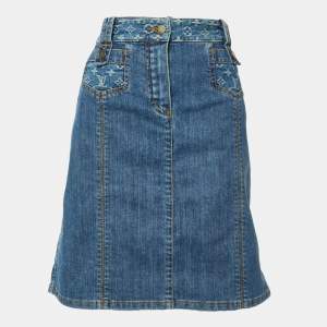 Louis Vuitton Blue Washed Denim Logo Jacquard Detail Skirt L
