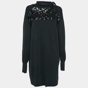 Louis Vuitton Black Sequin Monogram Embellished Wool Knit Sweater Dress XL