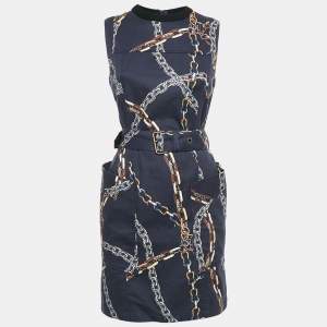 Louis Vuitton Navy Blue Chain Print Cotton Belted Mini Dress S