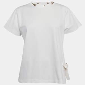 Louis Vuitton White Jersey Metal Logo Embellished Neck T-Shirt M
