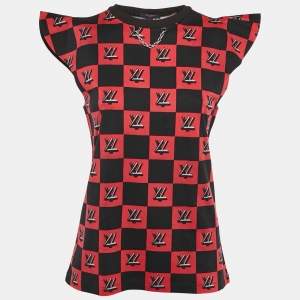 Louis Vuitton Black/Red Logo Checkered Jersey Cap Sleeve Top M