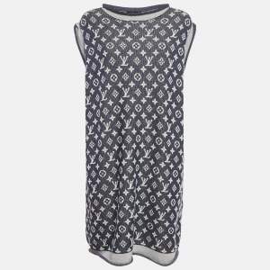 Louis Vuitton Blue Logo Jacquard Knit Sleeveless Short Dress XL