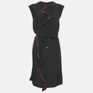 Louis Vuitton Black Silk Contrast Trim Detail Belted Midi Dress M
