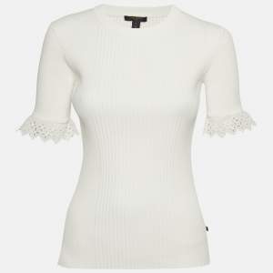 Louis Vuitton White Broderie Anglaise Trim Rib Knit Top S