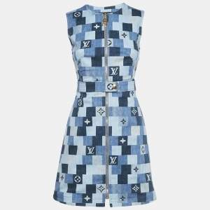 Louis Vuitton Blue Monogram Checks Denim Mini Dress S