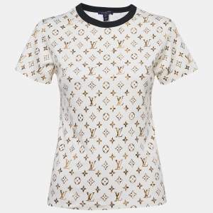 Pre Owned Louis Vuitton Cream Monogram Jersey Crew Neck T-Shirt XS