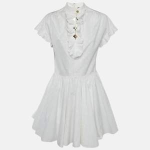 Louis Vuitton White Logo Dobby Cotton Ruffled Mini Dress M