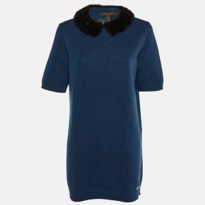 Louis Vuitton Blue Cashmere Knit Mink Collared Mini Dress L