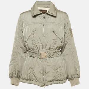 Pre Owned Louis Vuitton Grey Nylon Zip-Up Belted Down Jacket M