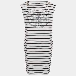 Pre Owned Louis Vuitton White & Navy Blue Striped Cotton Knit Chain Detail Dress XL