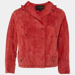 Pre Owned Louis Vuitton Red Suede Ruffled Neck Zip Front Jacket M