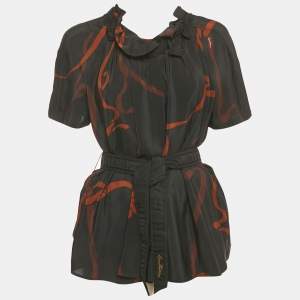 Louis Vuitton Black Printed Silk Tie Waist Short Sleeve Blouse S