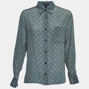 مملوكة مسبقًا Louis Vuitton Blue Logo Print Silk Button Front Shirt S