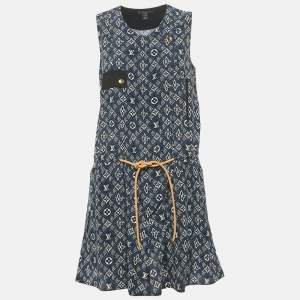 Louis Vuitton Navy Blue Logo Print Silk Sleeveless Mini Dress M