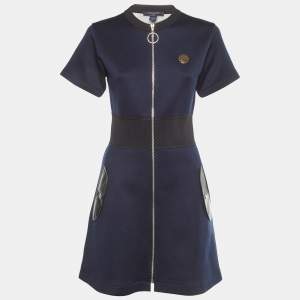 Louis Vuitton Navy Blue Cotton Jersey Zip Front Dress S