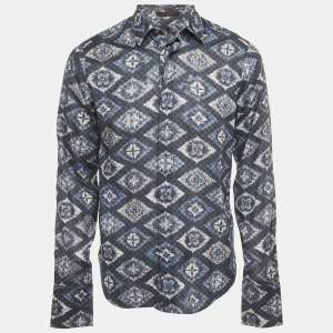 Pre Owned Louis Vuitton Blue/Grey Logo Print Cotton Long Sleeve Shirt M