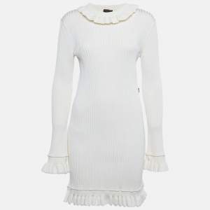 Pre Owned Louis Vuitton Ivory Rib Knit Ruffled Mini Dress XL