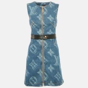 Pre Owned Louis Vuitton Blue Logo Print Denim Mini Dress S