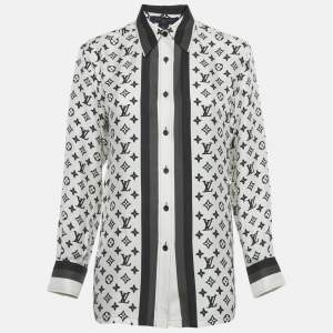 Pre Owned Louis Vuitton White Logo Print Silk Blouse S