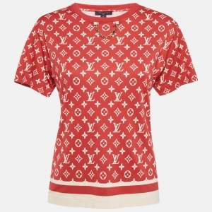 Pre Owned Louis Vuitton Red Logo Print Cotton Knit Chain Detail Crew Neck T-Shirt XS
