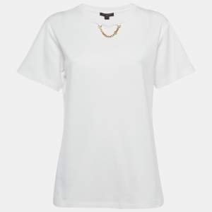 مملوكة مسبقًا Louis Vuitton White Cotton Chain Detail Crew Neck T-Shirt L