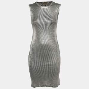 Pre Owned Louis Vuitton Silver Rib Knit Sleeveless Midi Dress M
