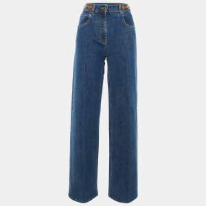 Pre Owned Louis Vuitton Blue Denim Logo Detail Wide Leg Jeans M/Waist 29"